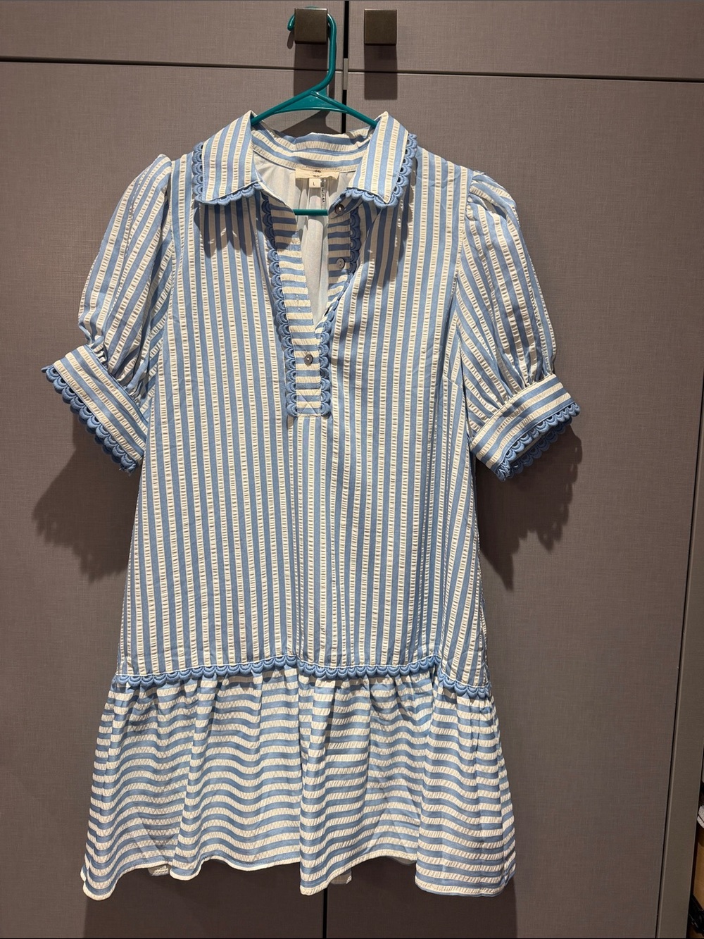 Entro Blue and White Striped Mini Dress with Scallop Trim size L